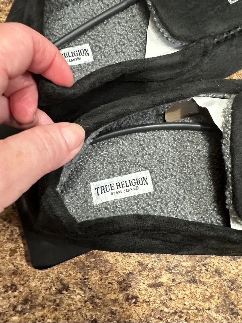 NWT True Religion Black Faux Suede Logo Loafers Slippers Large (11-12)